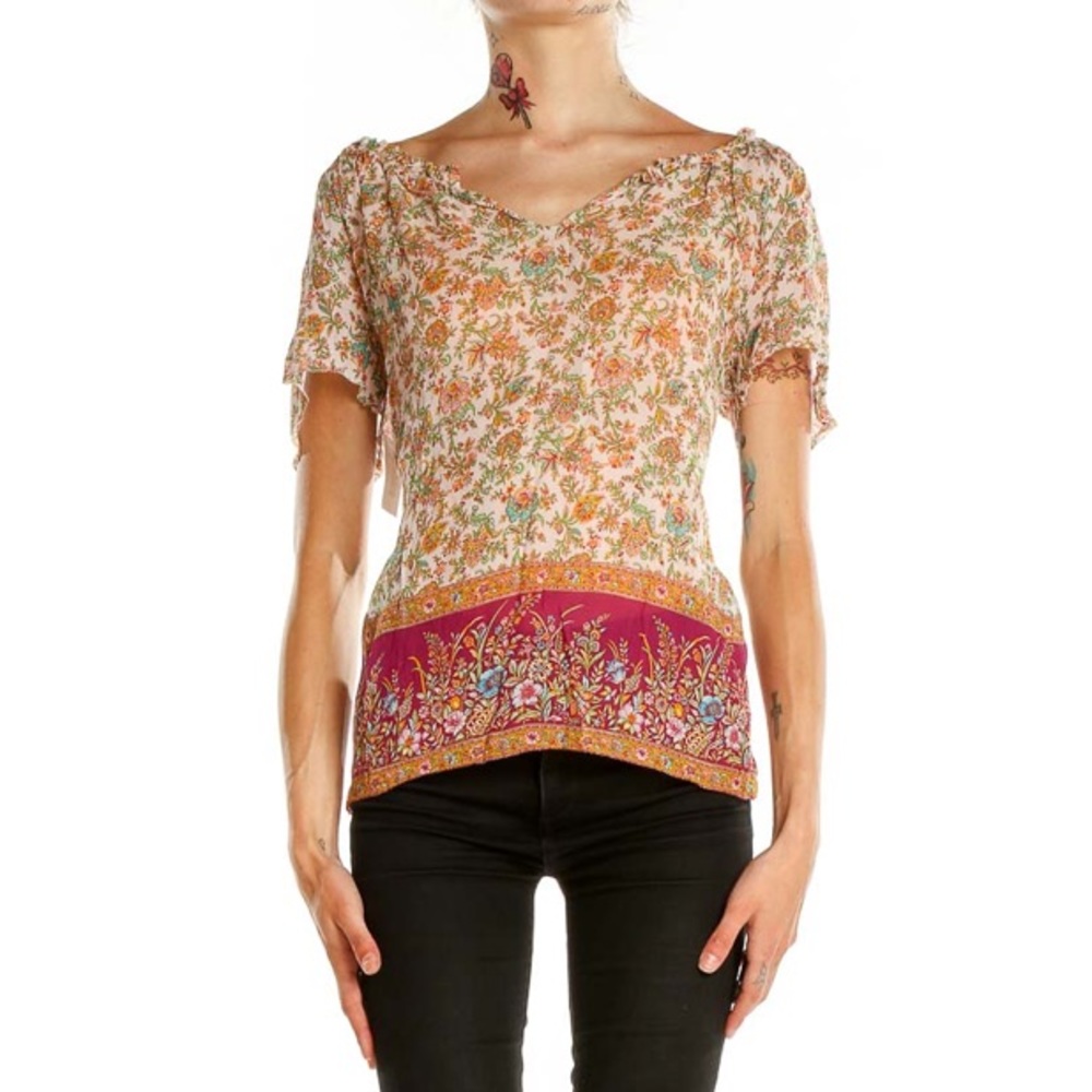 Lucky Brand Womens Pink Floral Border Print Short Sleeve Blouse Top